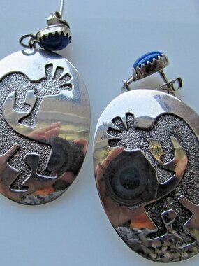 Sterling Silver  Kokopelli   Earrings Pierced  Overlay Lapis Blue Fertility God